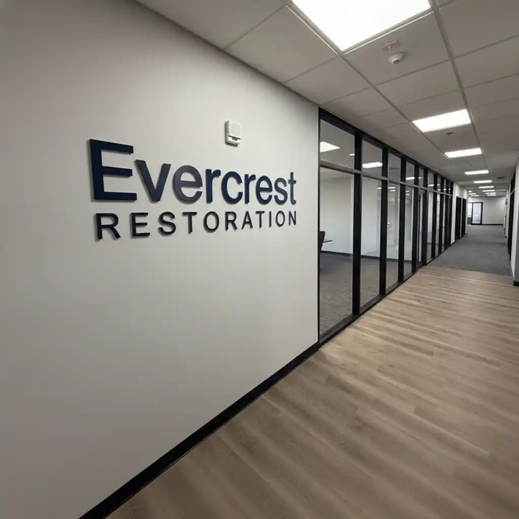 Evercrest Restoration office interior featuring company logo and professional workspace